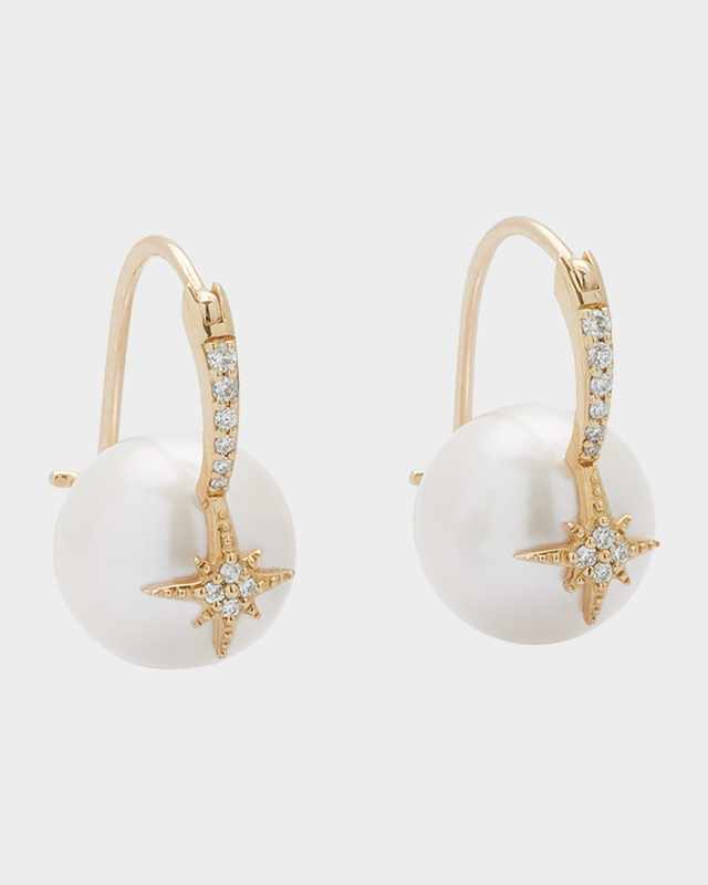14K Yellow Gold Starburst Freshwater Pearl Drop Earrings